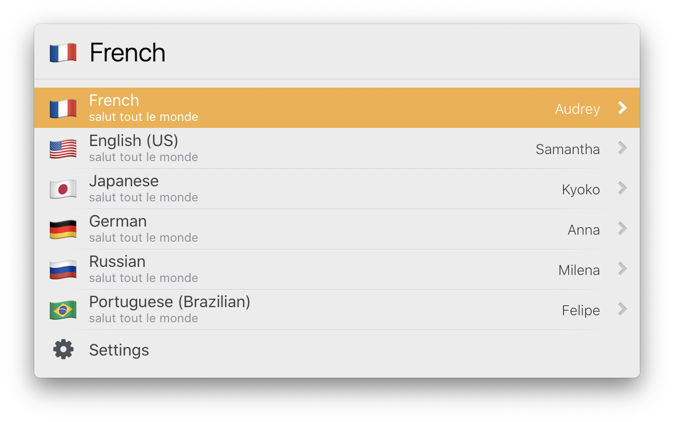 Screenshot of the 'Speak In' plugin dropdown in LaunchBar