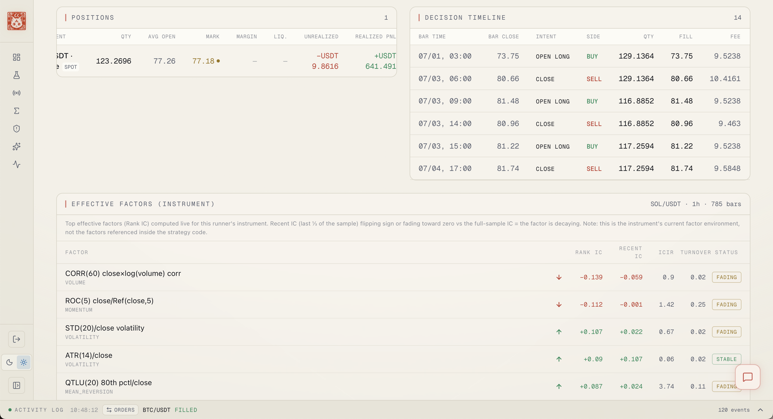 Runner Detail — Positions & Decisions
