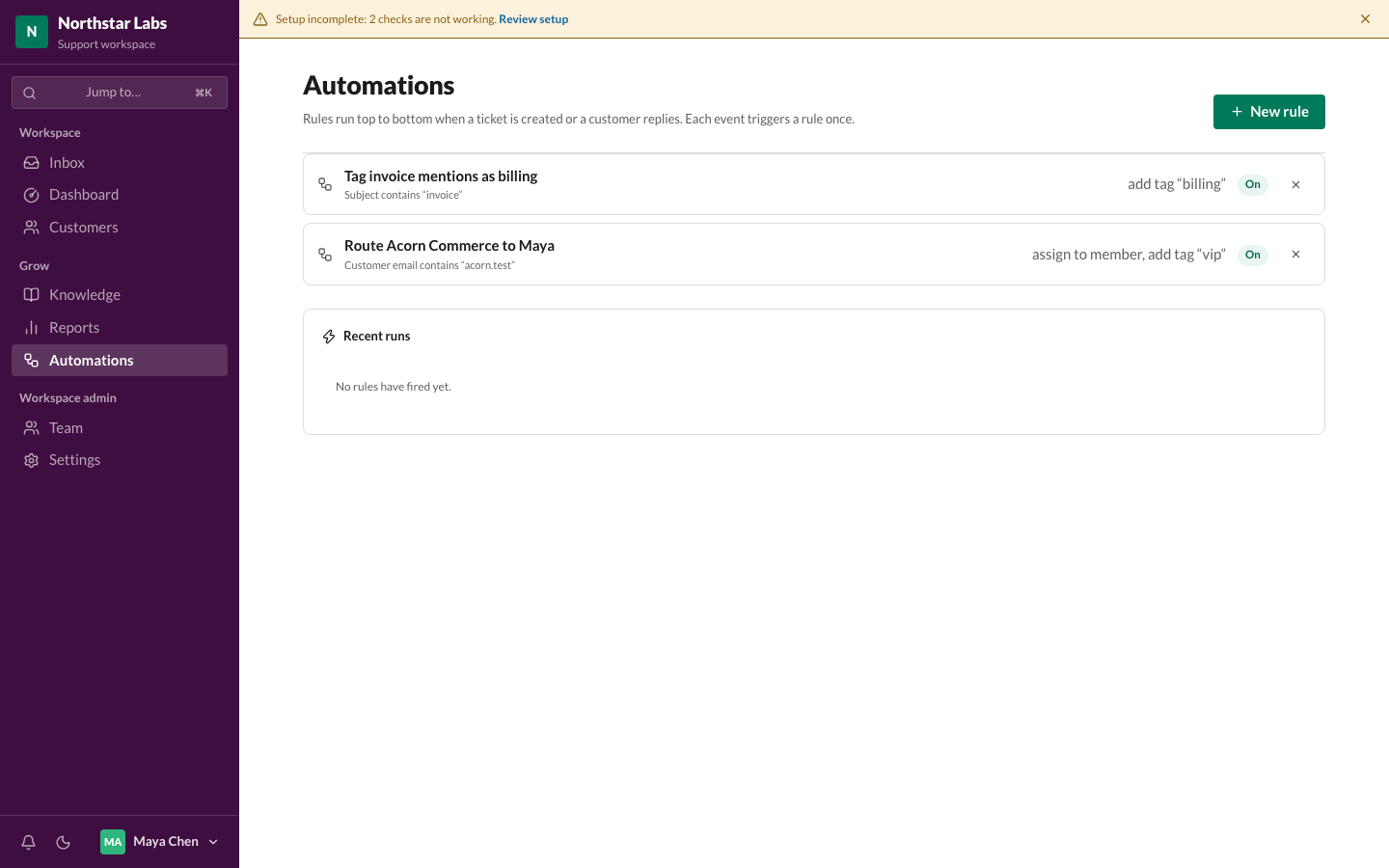 Automations page with two rules and their conditions and actions