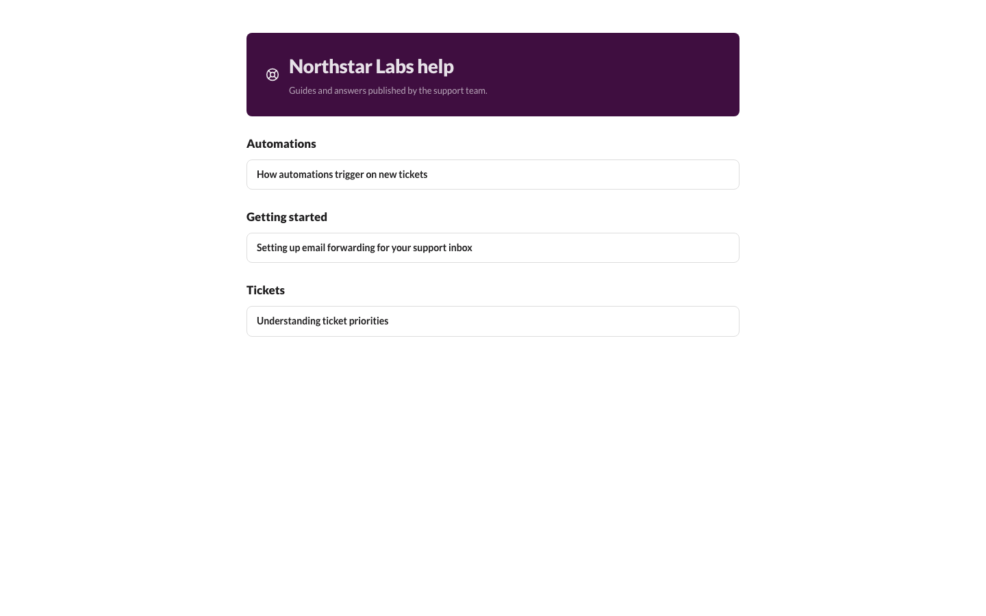 Public help center page listing published articles by category