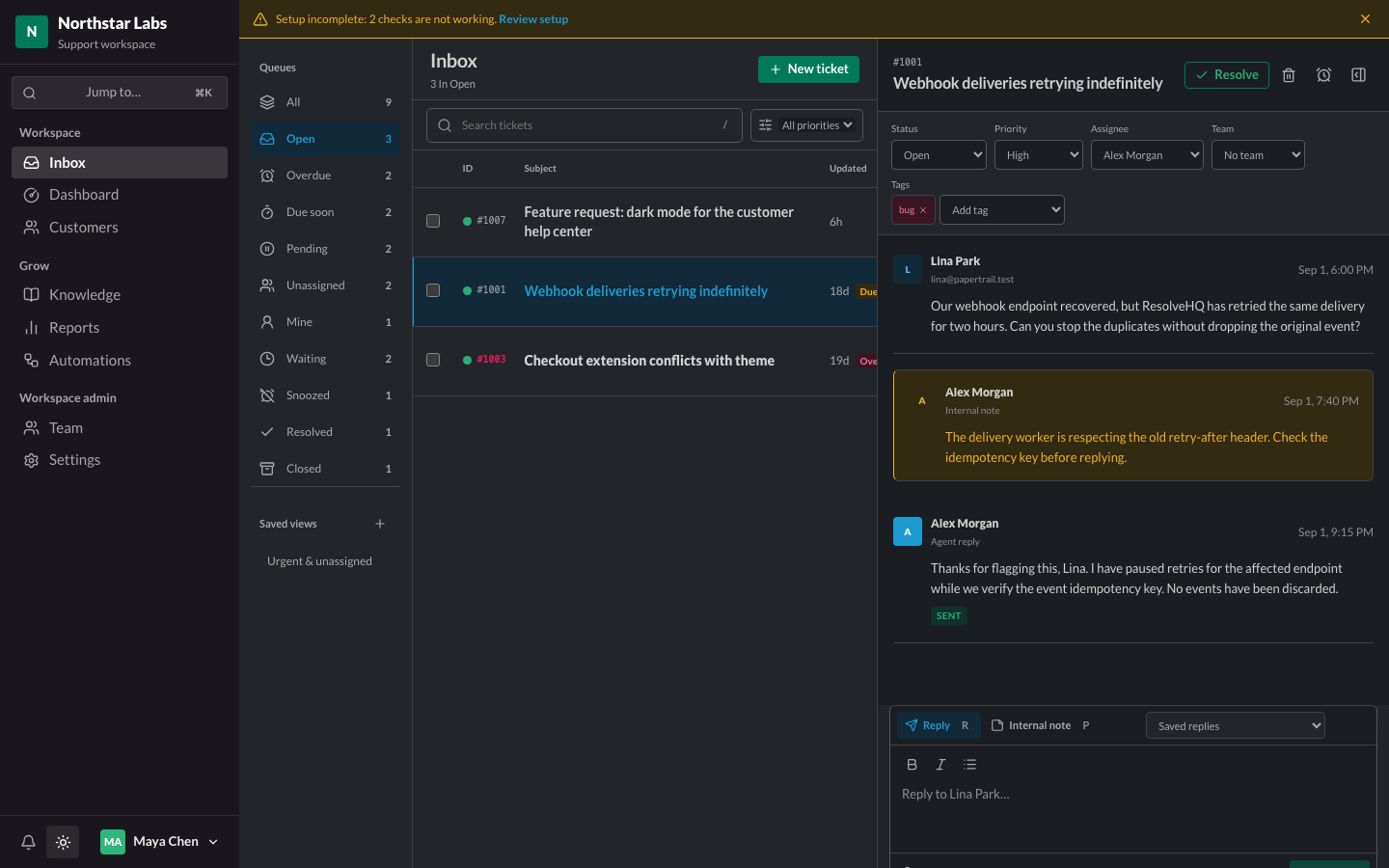 Inbox in dark mode with the same ticket thread open