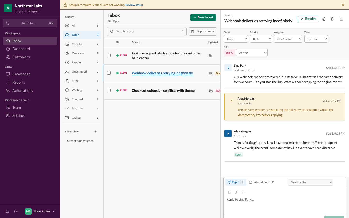 Inbox with a ticket open, showing the queue list and conversation thread