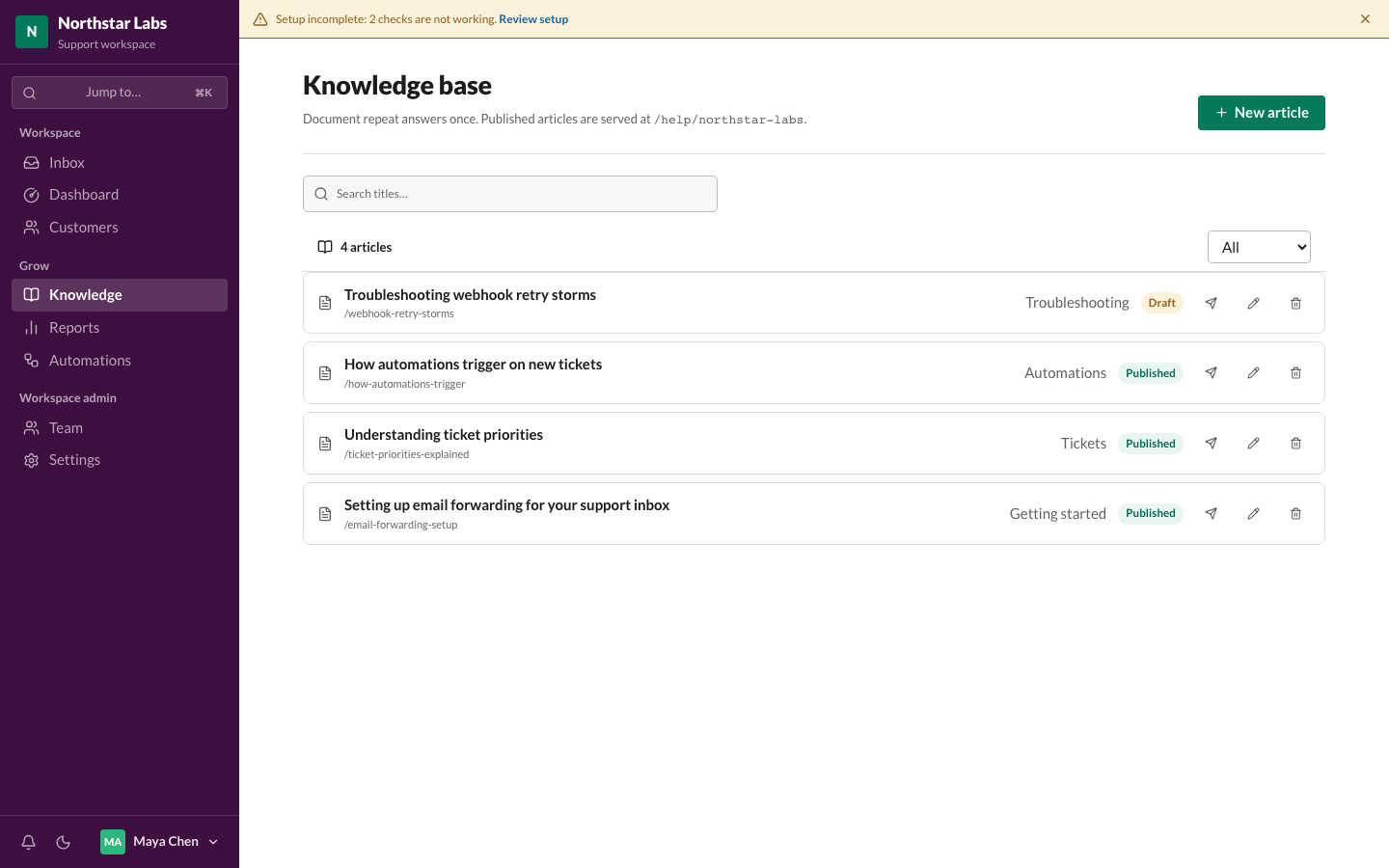 Knowledge base article list with draft and published articles