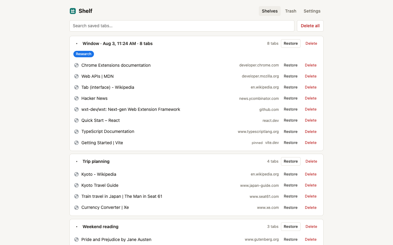 Shelf manager showing searchable saved-tab sessions in light mode