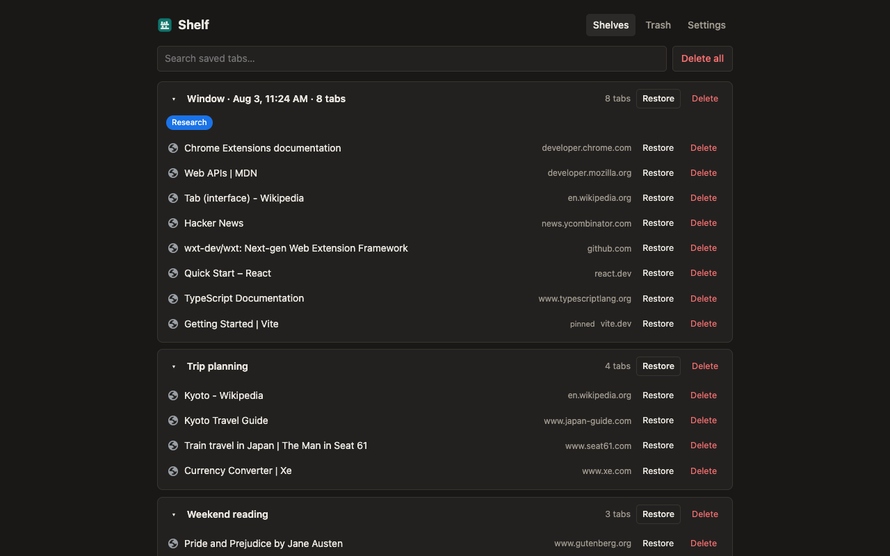 Shelf manager showing saved-tab sessions in dark mode