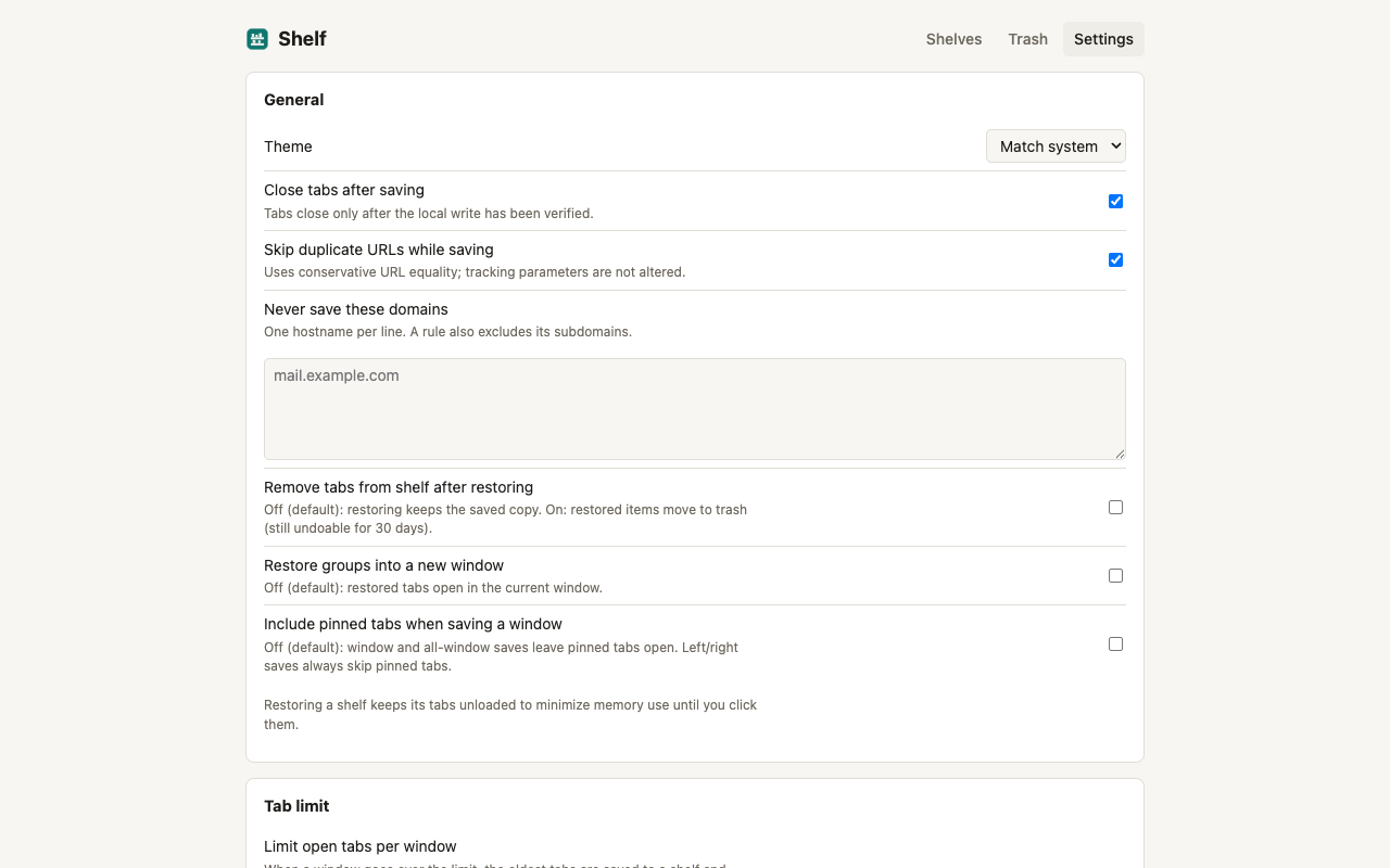 Shelf settings for saving, restoring, domain exclusions, themes, and tab limits