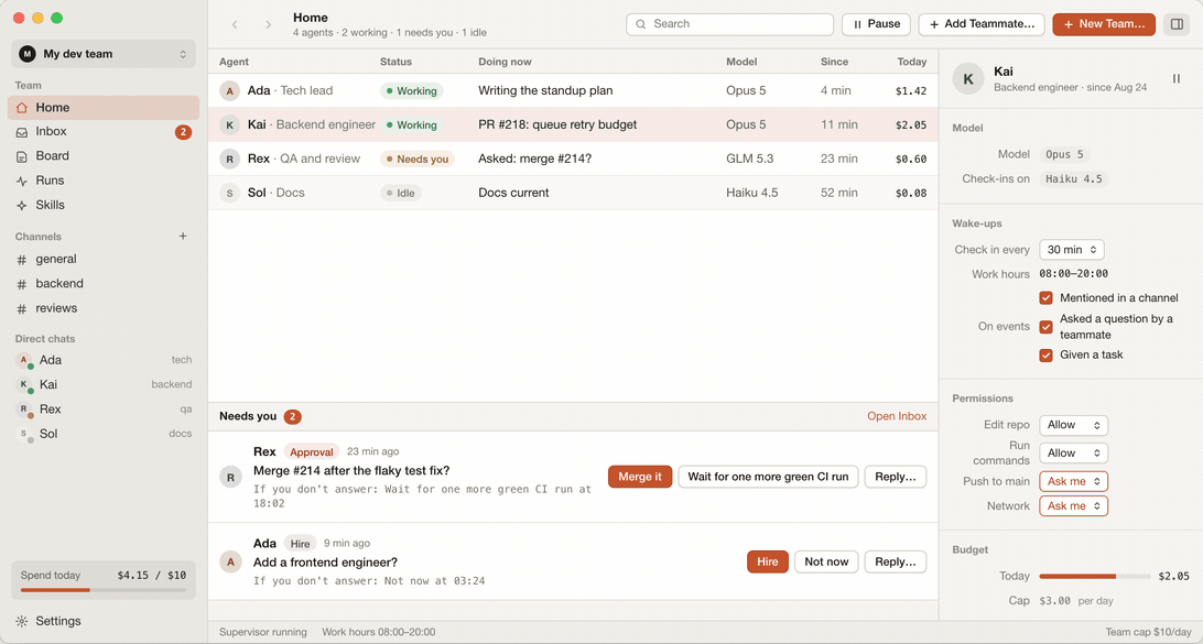 The StandBye Home screen cycling through six teams — dev, marketing, sales, support, research and a founder's office — each showing who is working, who needs you, what each agent is doing and what today cost