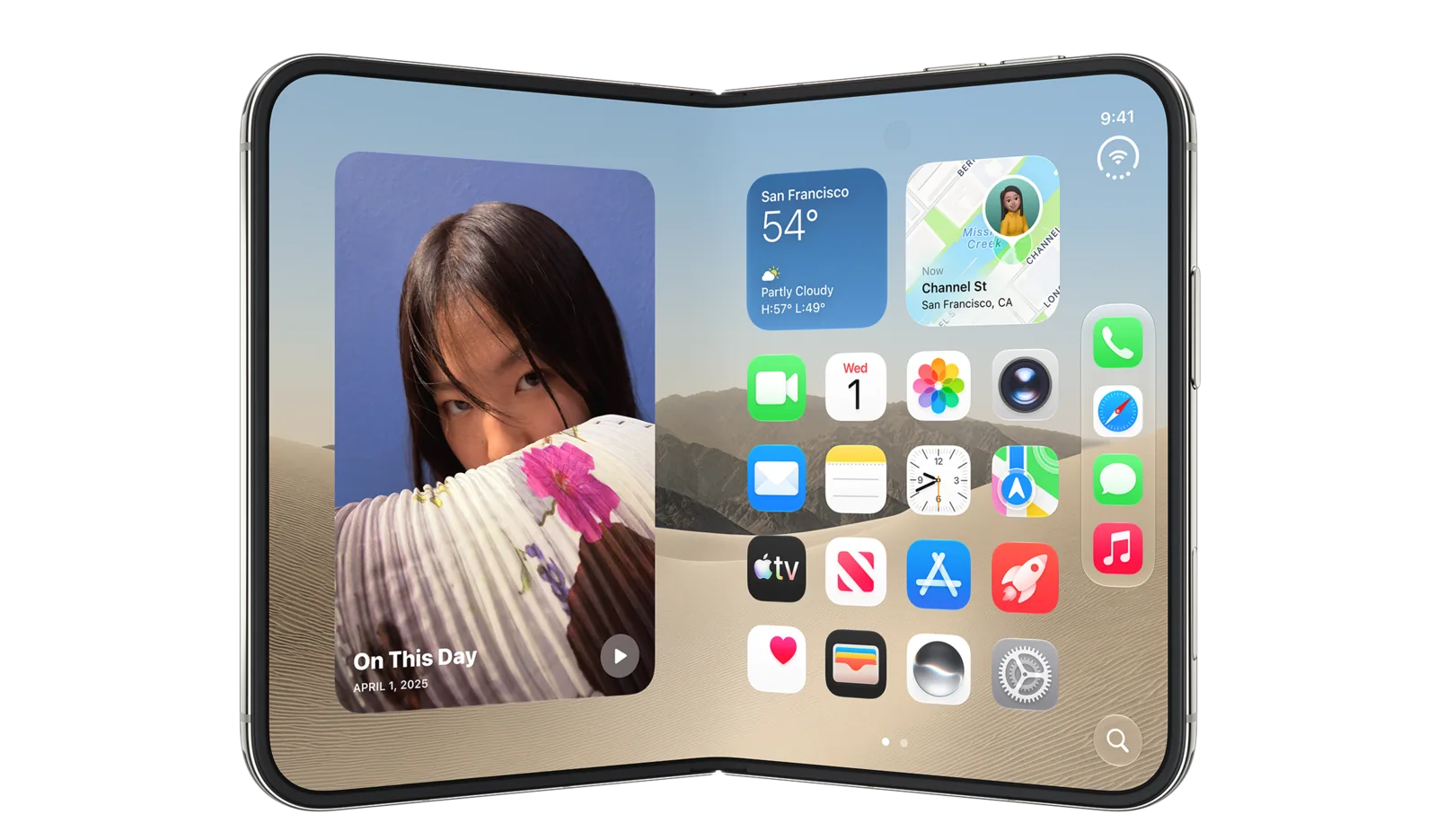 iPhone Duo, partially folded, showing the inner display with the dock and controls running vertically down the right side