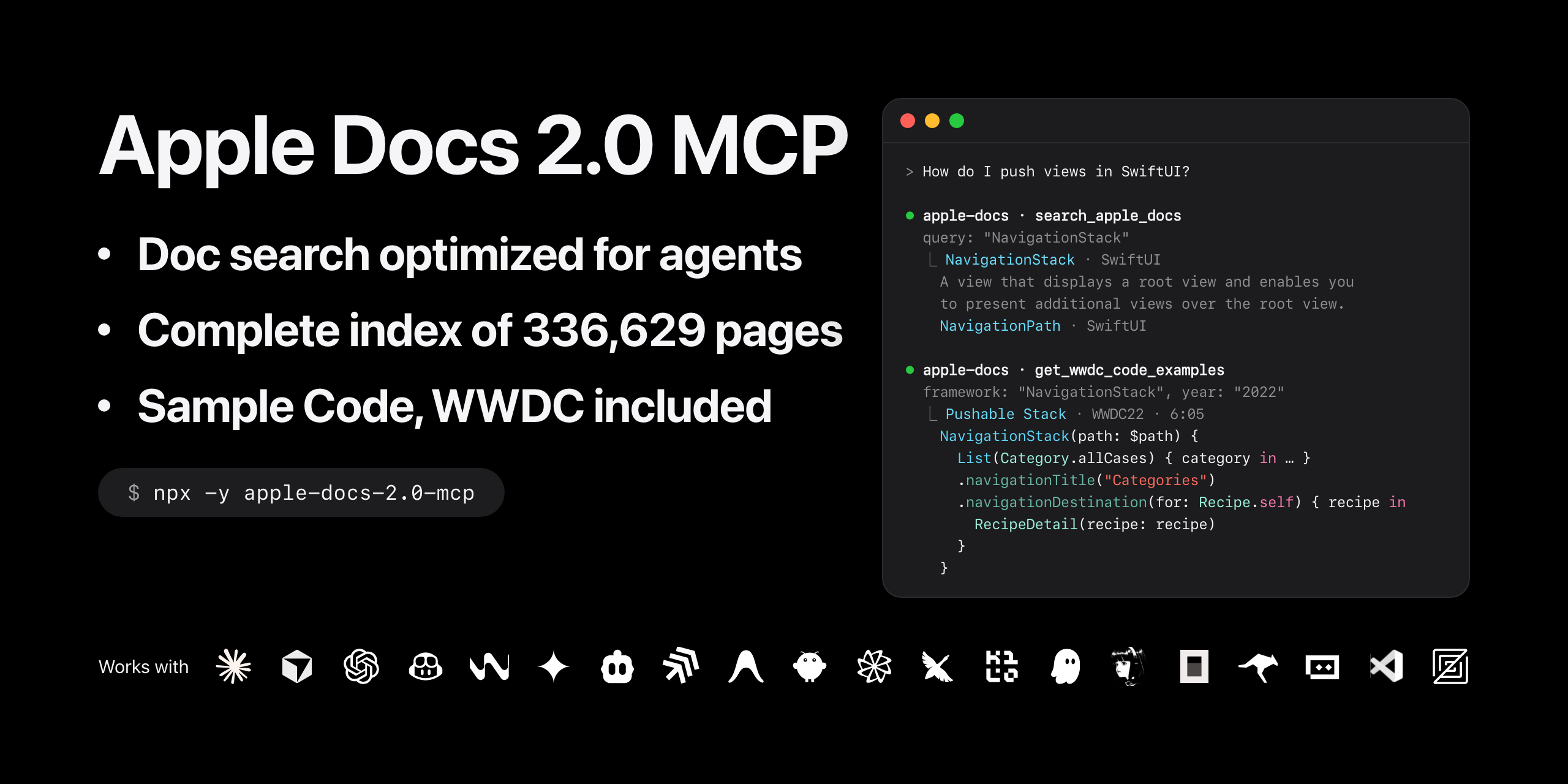 Apple Docs 2.0 MCP: doc search optimized for agents, a complete index of 336,629 pages, and Sample Code with WWDC included