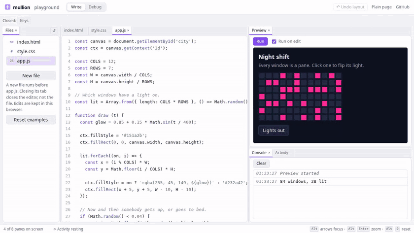 The playground: an edit that reruns the preview; the Console stacked over the Preview, which stops drawing as the Activity chart shows; a pane closed to the drawer and another split out of it; a zoom; and a switch of layouts