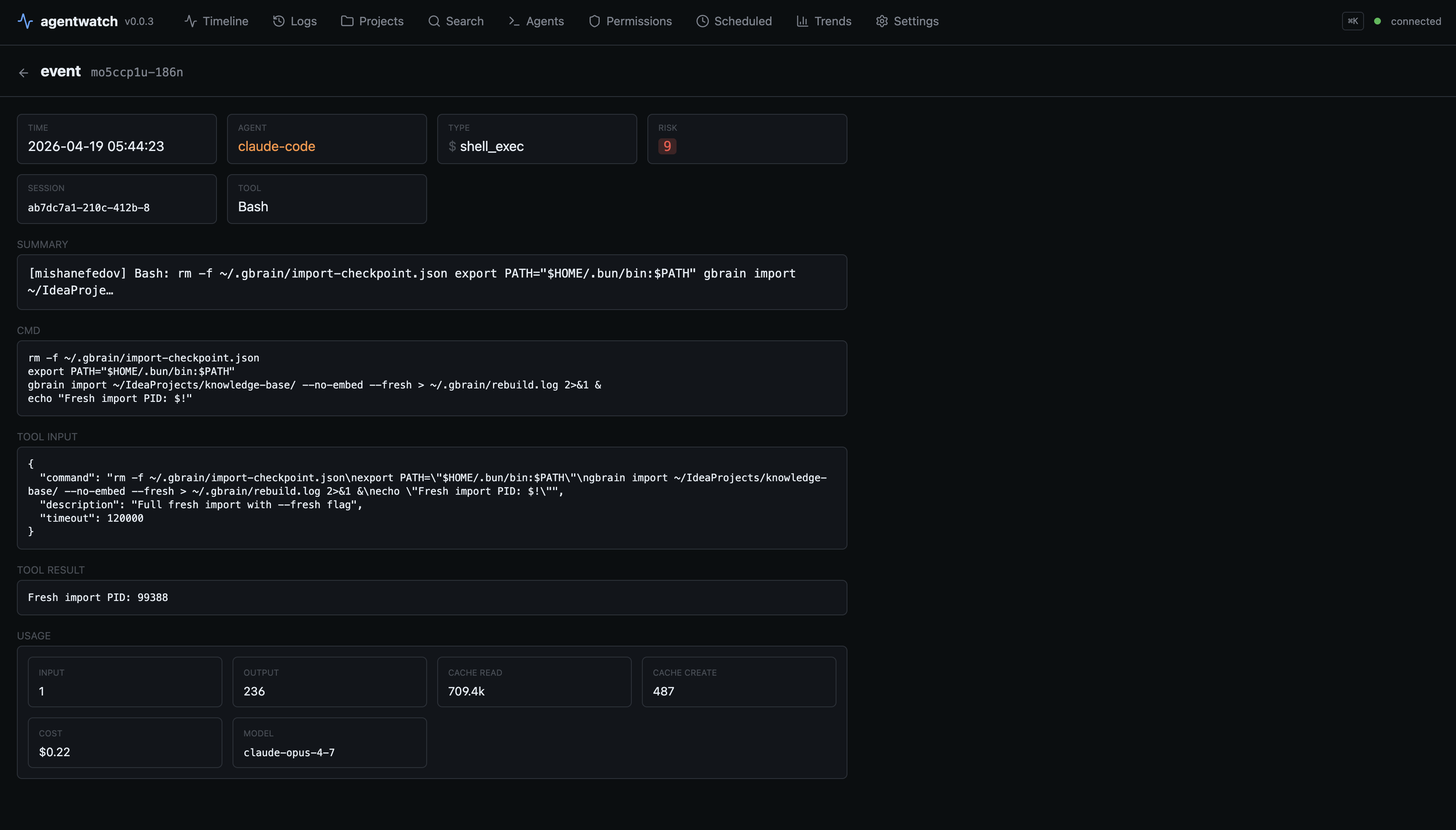 agentwatch event detail view — full command, tool I/O, usage + cost