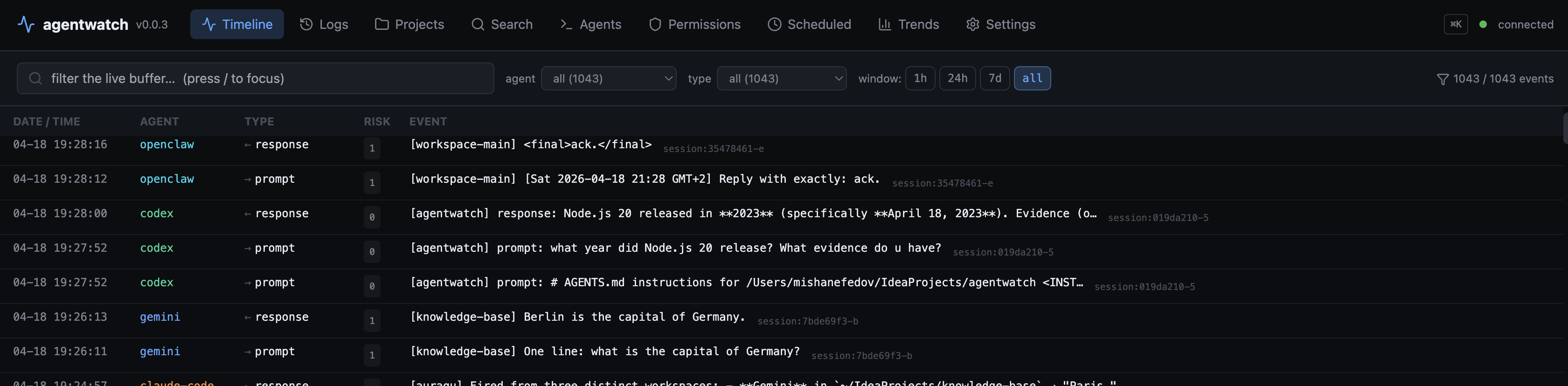 agentwatch web UI — unified timeline across 5 agents, each in its own workspace