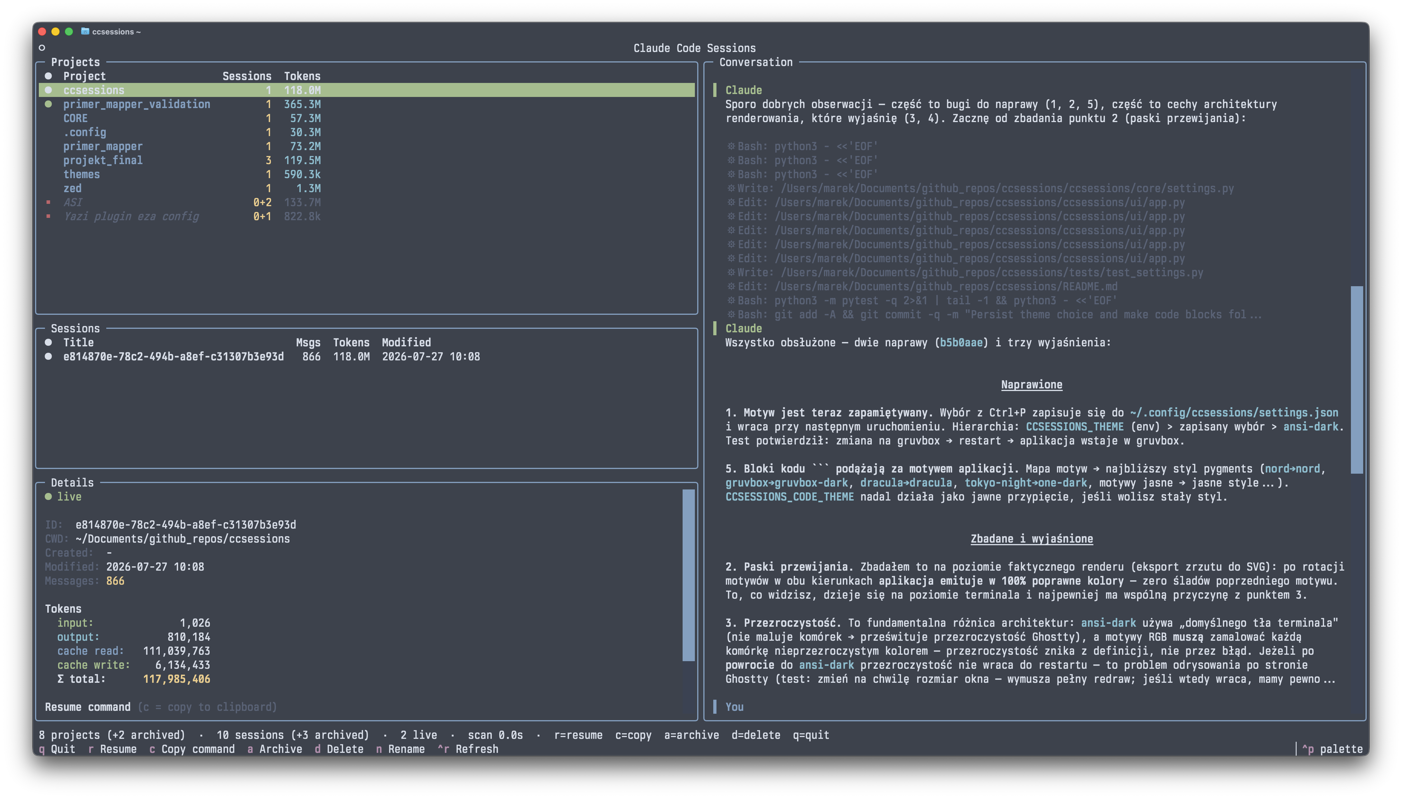 ccsessions in a fullscreen terminal — wide layout with a full-height conversation pane