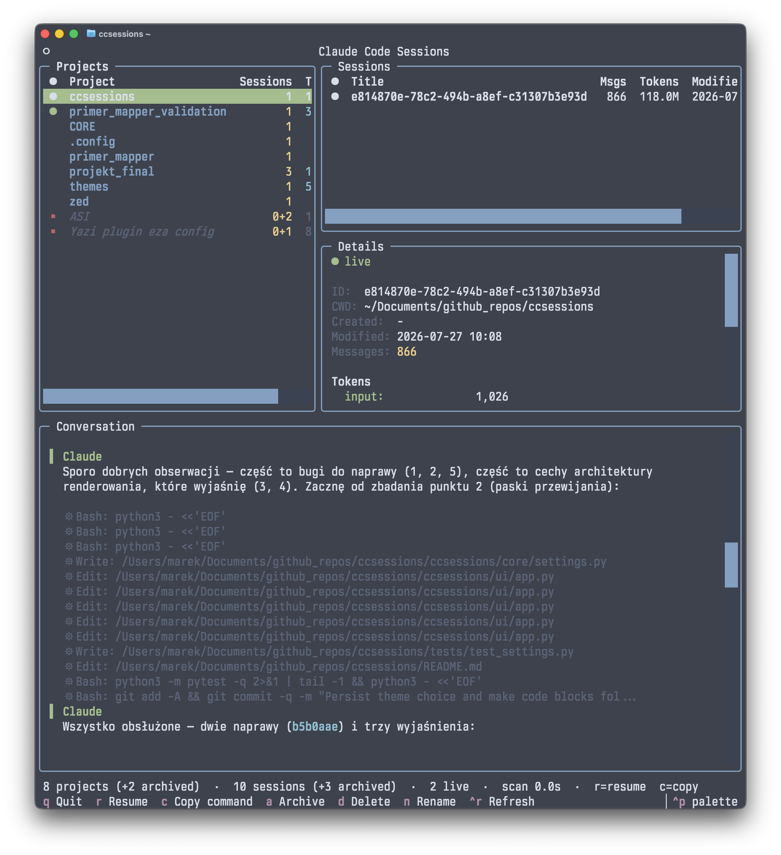 ccsessions in a half-screen terminal — stacked layout with a full-width conversation pane