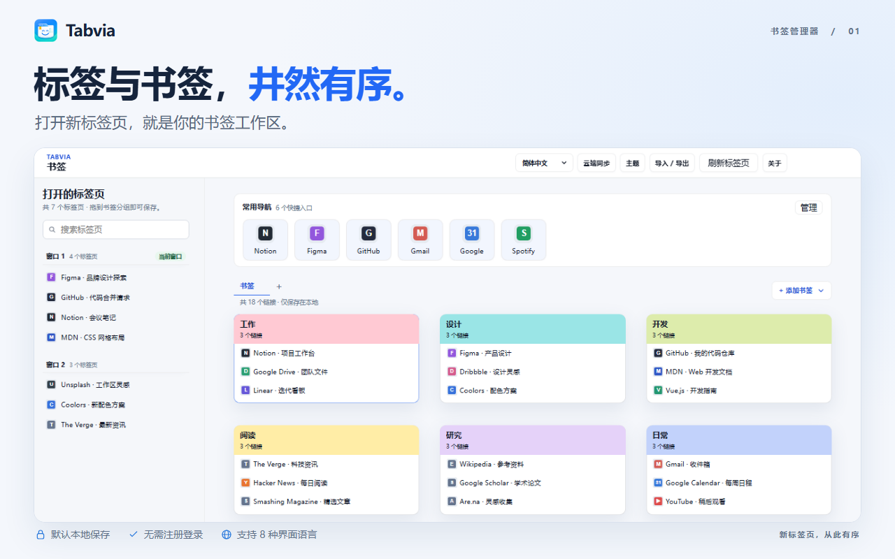 Tabvia 工作区:左侧是打开的标签页,右侧是保存的链接