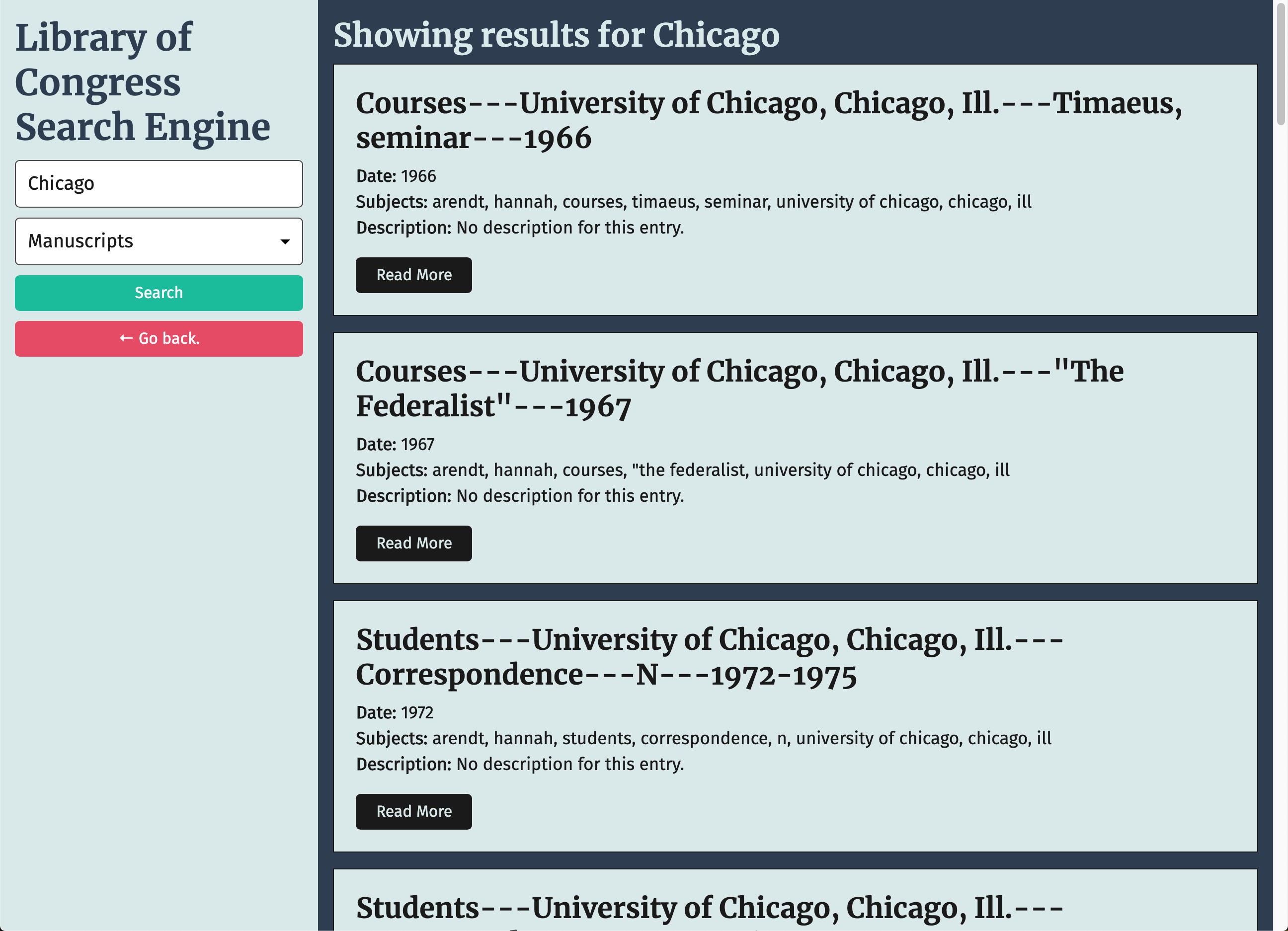 The search results page displays results from a search conducted in the form on the left side of the page.