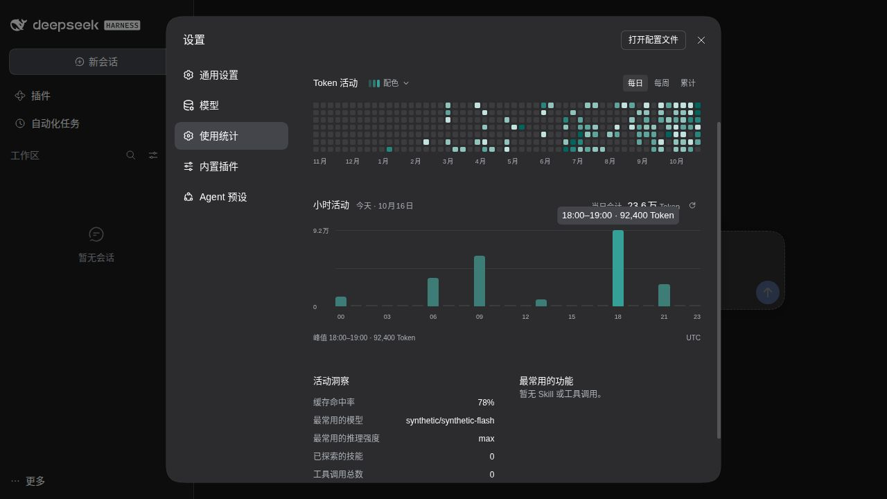 深色主题：小时活动柱状图与悬停用量提示
