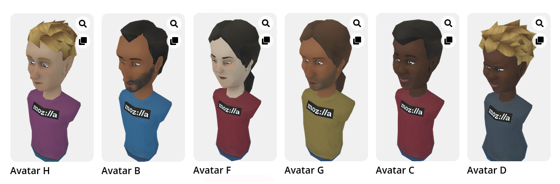An assortment of avatars in Hubs that use this texture tool