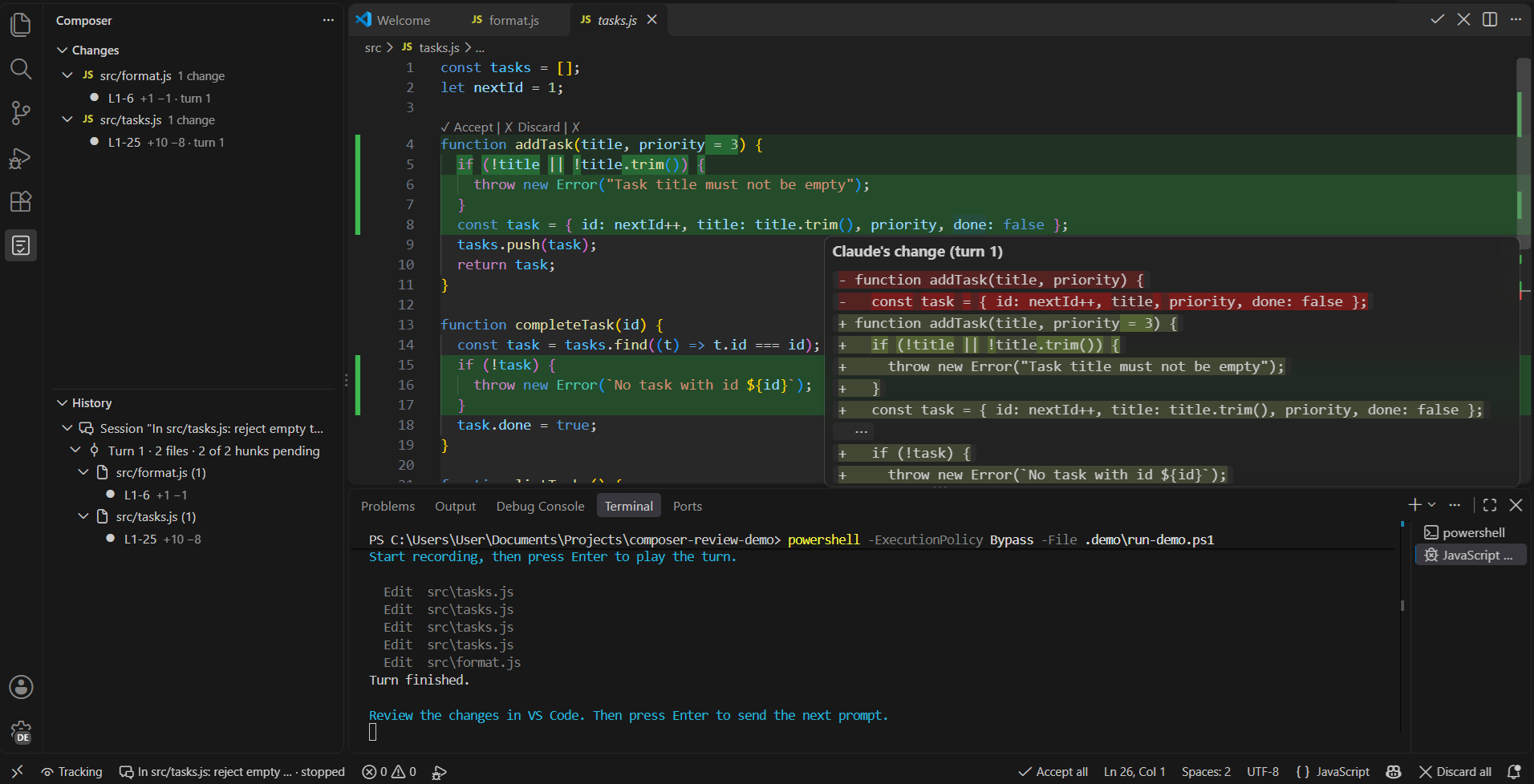 Pending changes highlighted in the editor