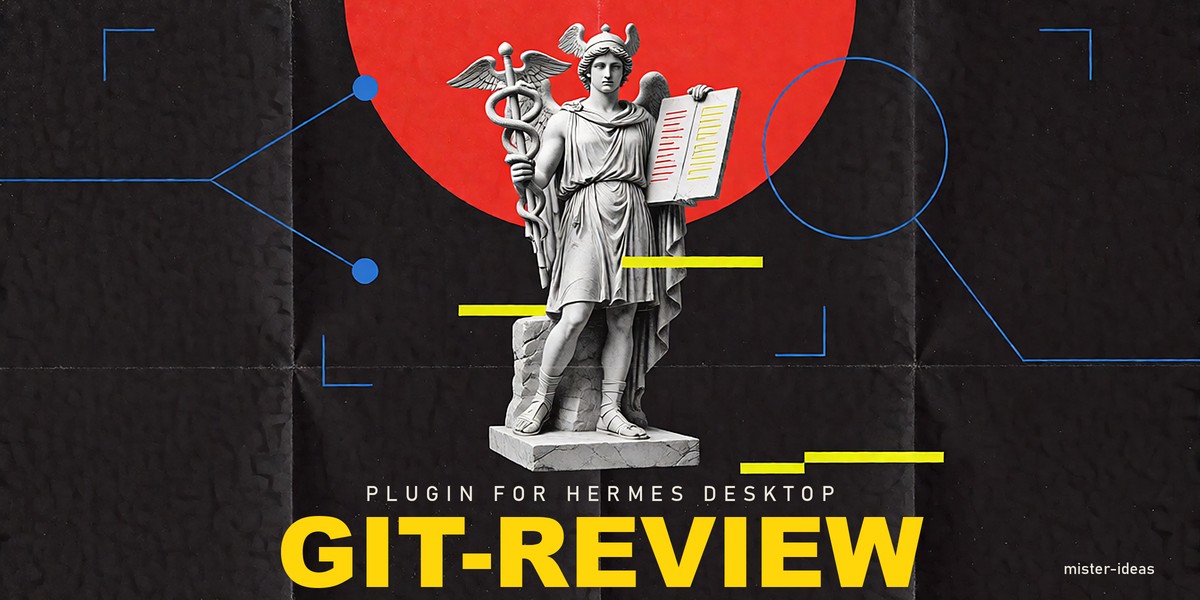 git-review: a marble Hermes holds up a diff tablet. A read-only Git review pane for Hermes Desktop.
