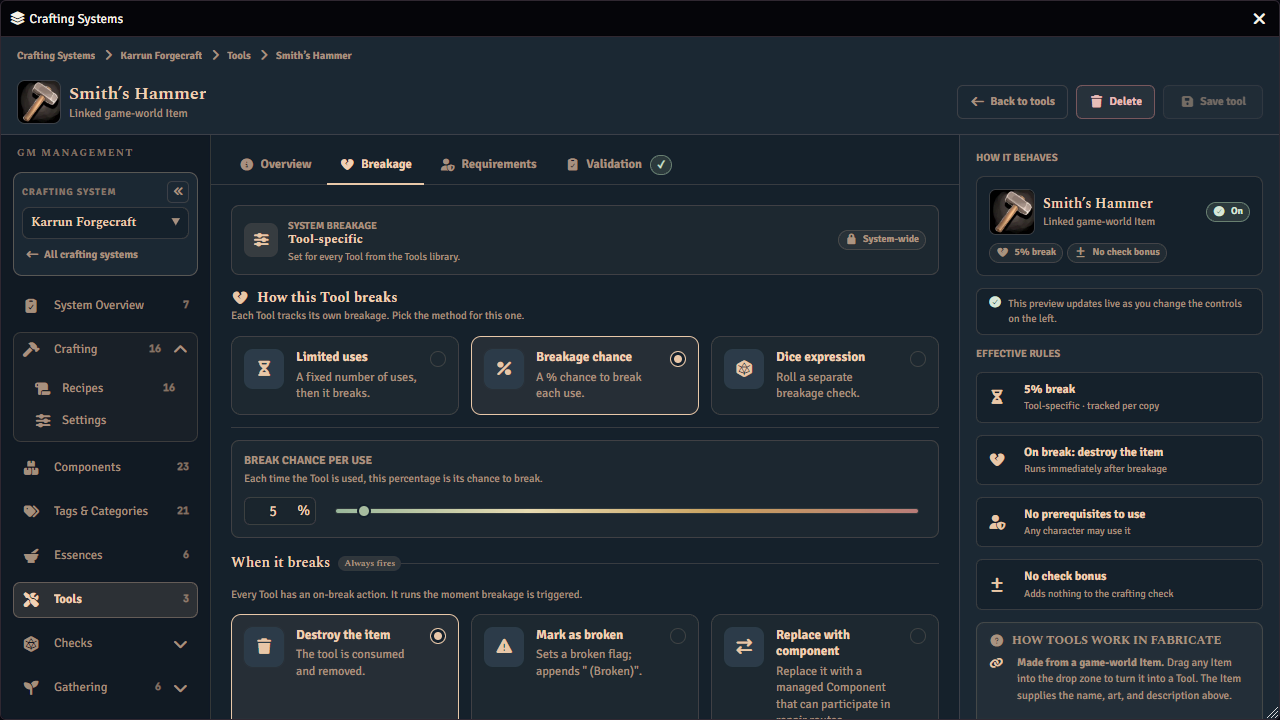 Fabricate tool configuration showing crafting tool requirements, bonuses, limited uses, and breakage behaviour.
