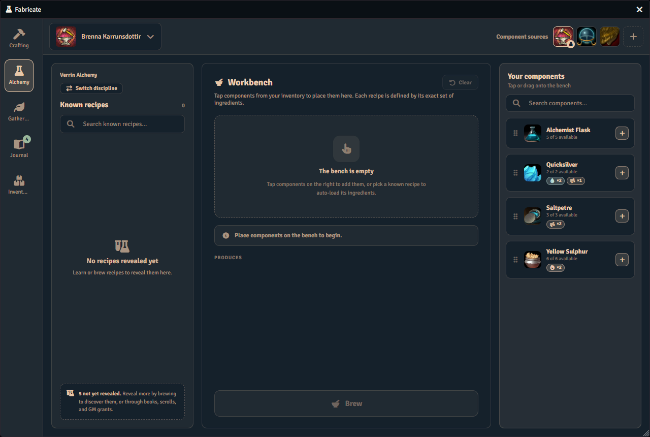 Fabricate Alchemy Workbench showing a complete player-facing crafting system with recipes and crafting options.