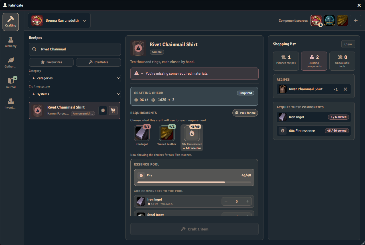 Fabricate crafting interface showing essence requirements and the Shopping List