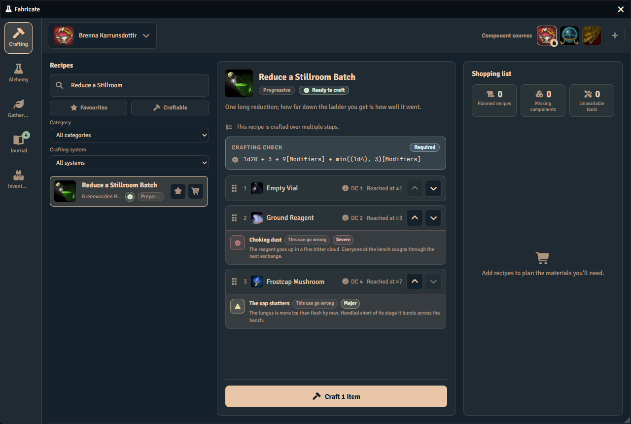Fabricate player crafting interface showing a progressive crafting recipe, ingredient requirements, and crafting progress.