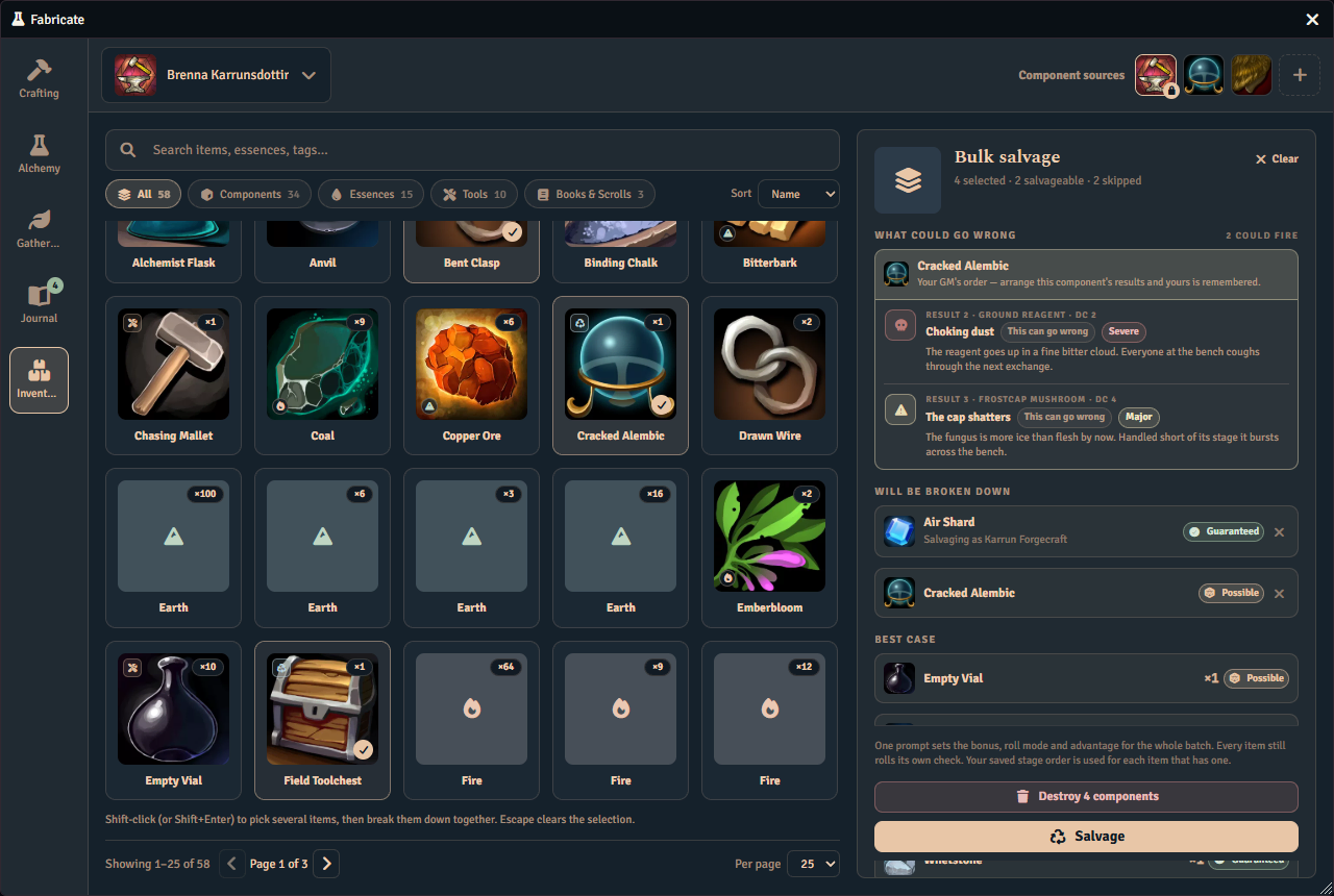 Fabricate inventory interface showing multiple items selected for bulk salvage into crafting materials.
