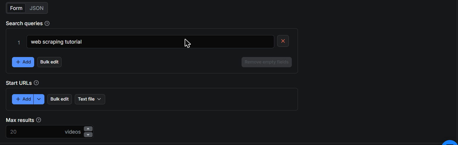 YouTube Scraper input form