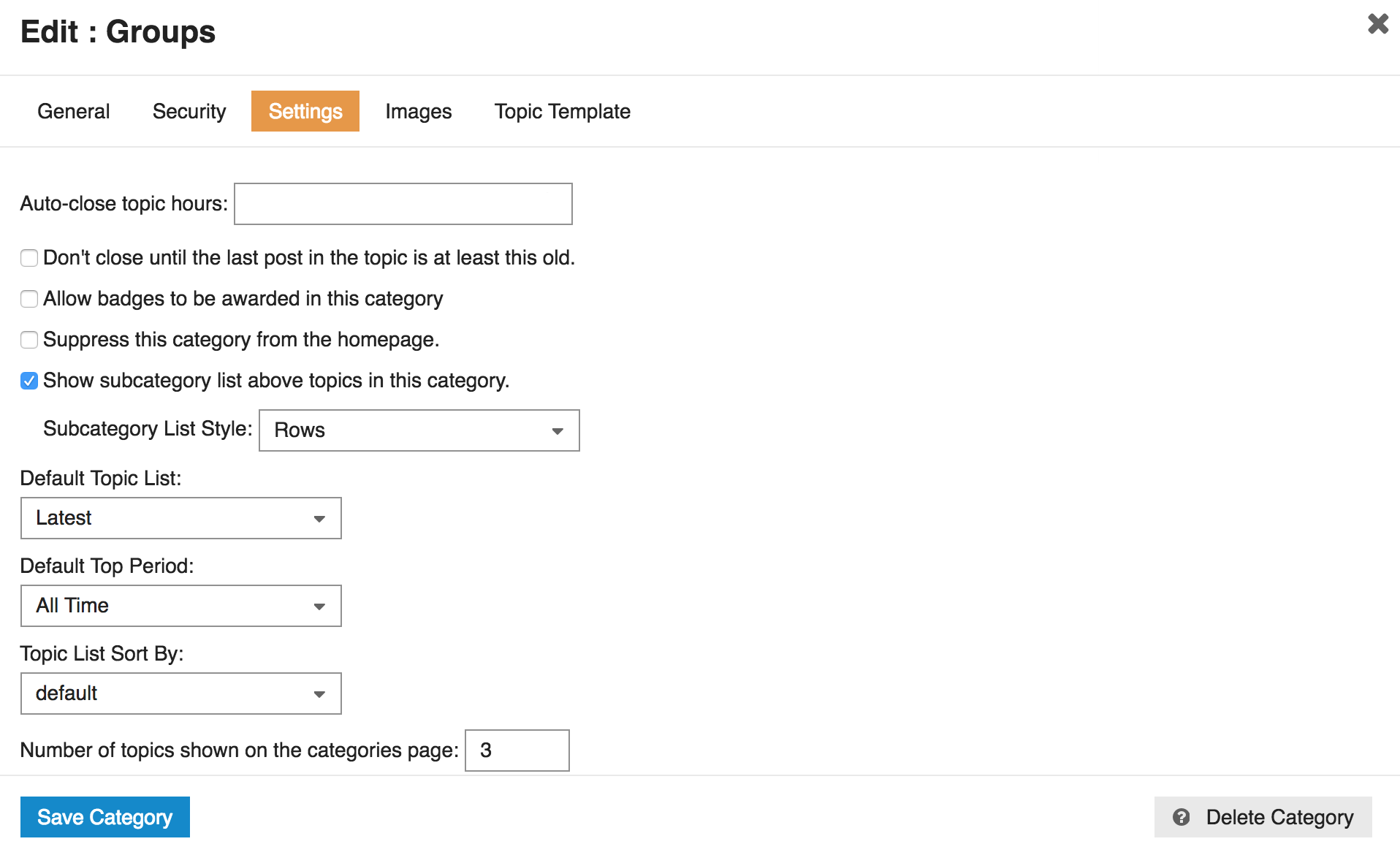 settings show subcategory