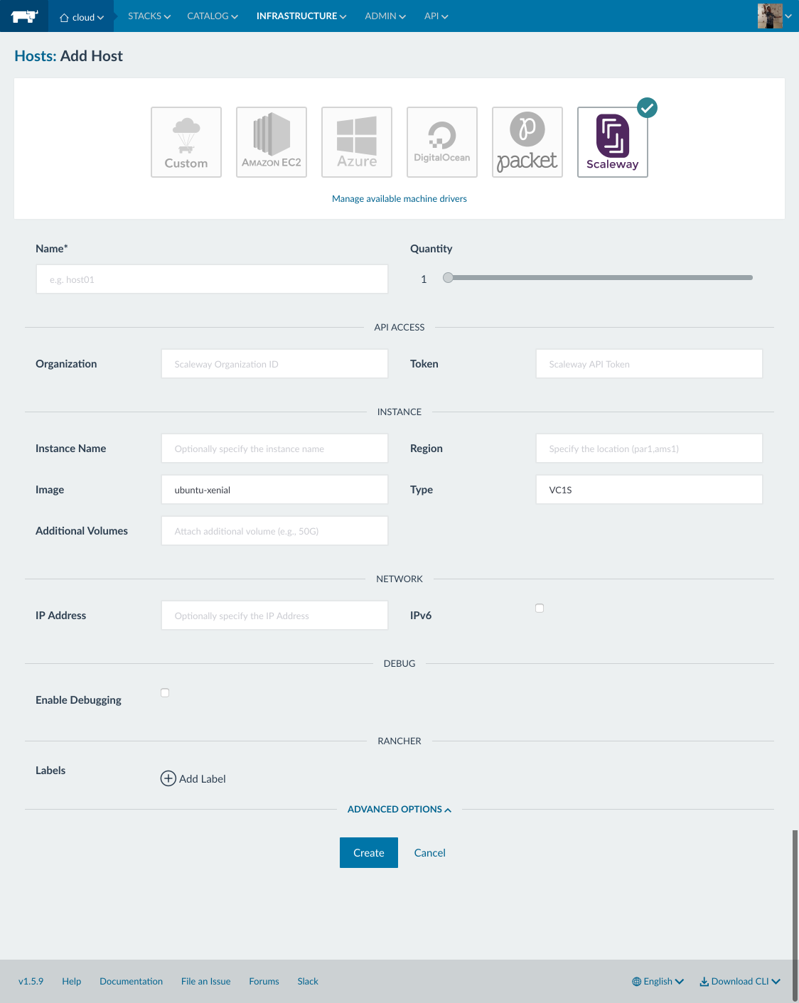 Rancher Scaleway Add Host UI