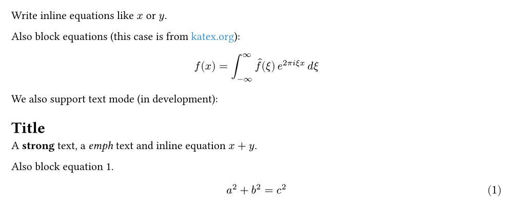 MiTeX example showing LaTeX equations rendered in Typst