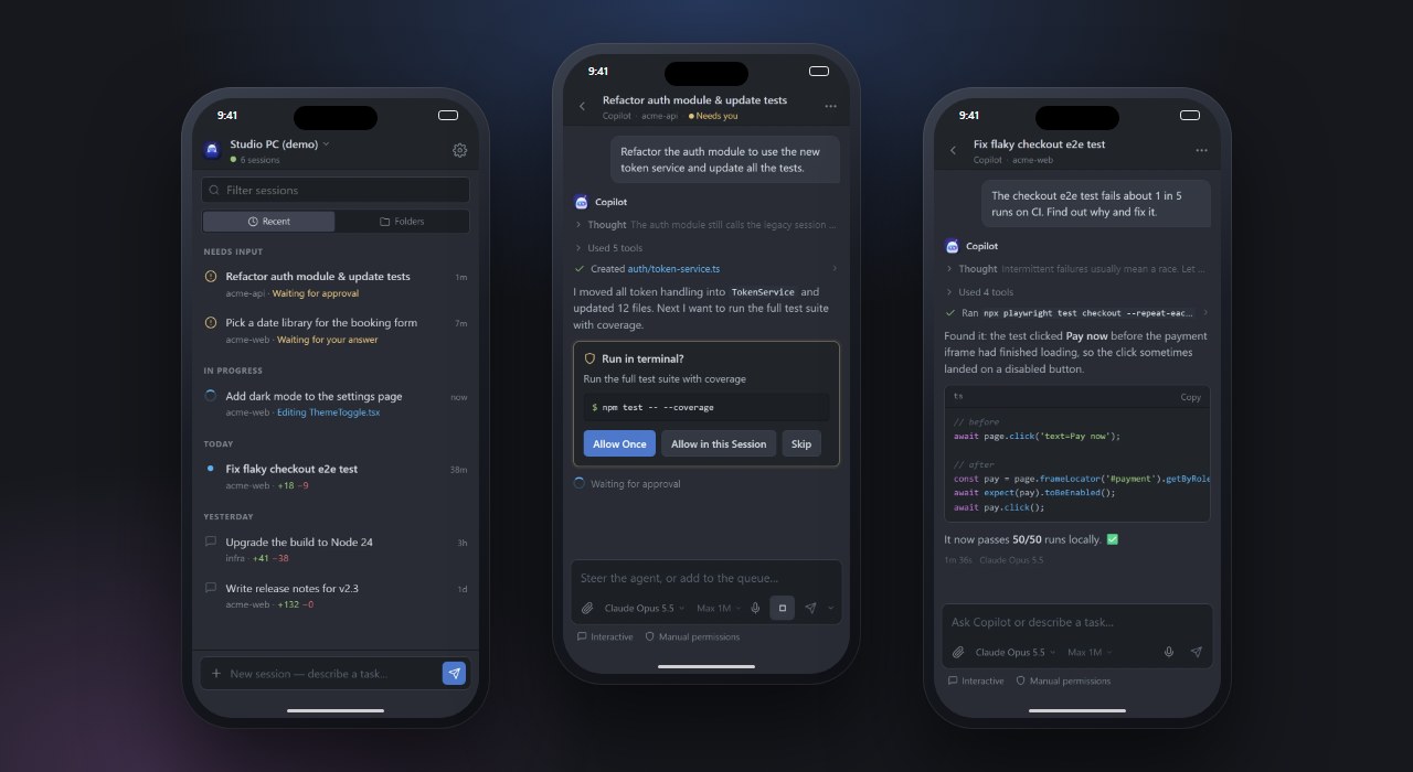 Pocket Pilot on a phone: the sessions list, a tool approval and a finished chat