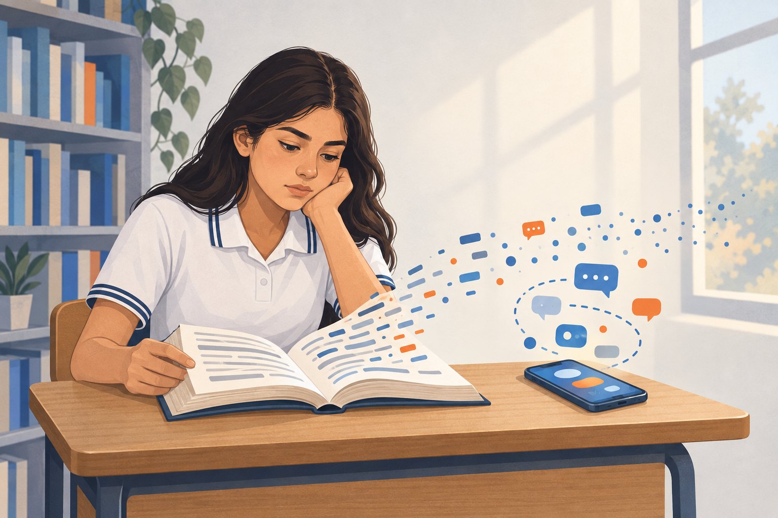 Ilustración de una estudiante de secundaria que lee un libro en su pupitre mientras las líneas del texto se dispersan hacia un teléfono celular rodeado de burbujas de mensajes.