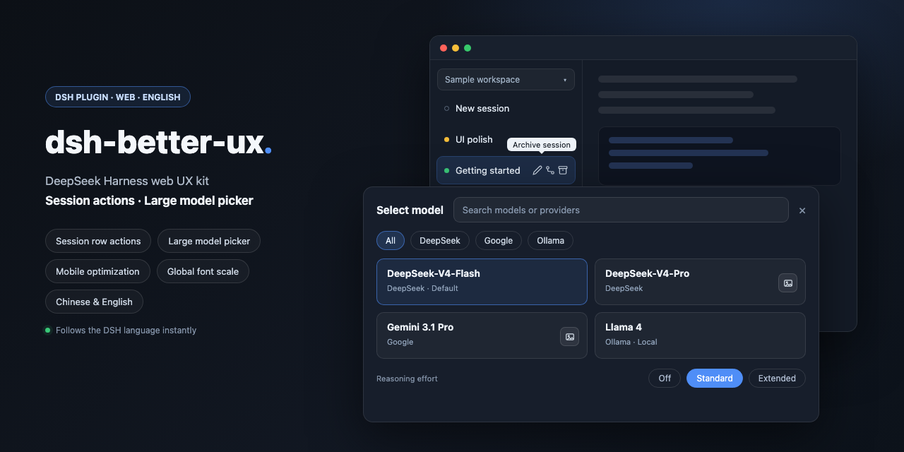 dsh-better-ux: session row actions and large model picker