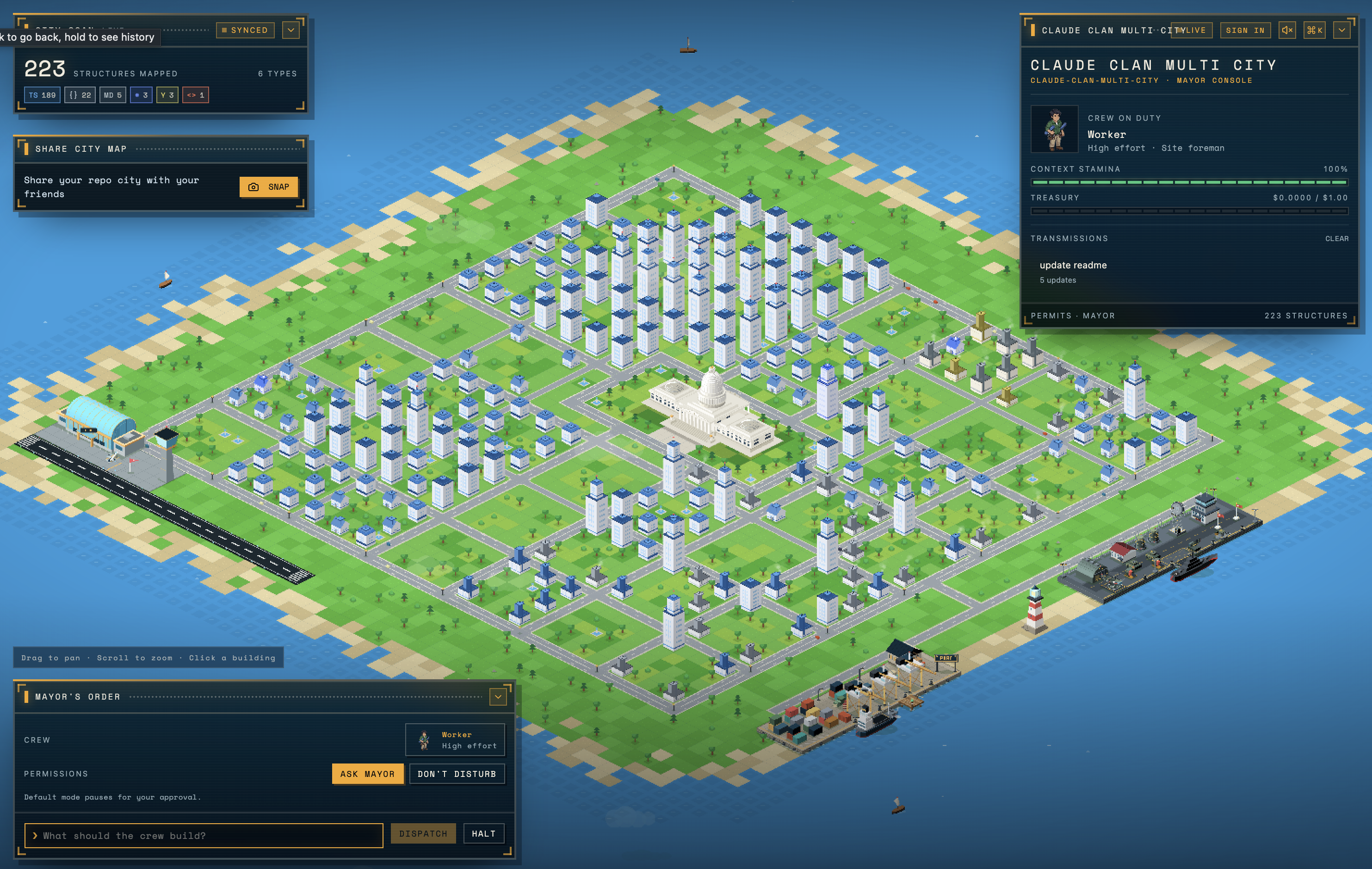 The city, with the mayor console, city scan and mayor's order floating over it