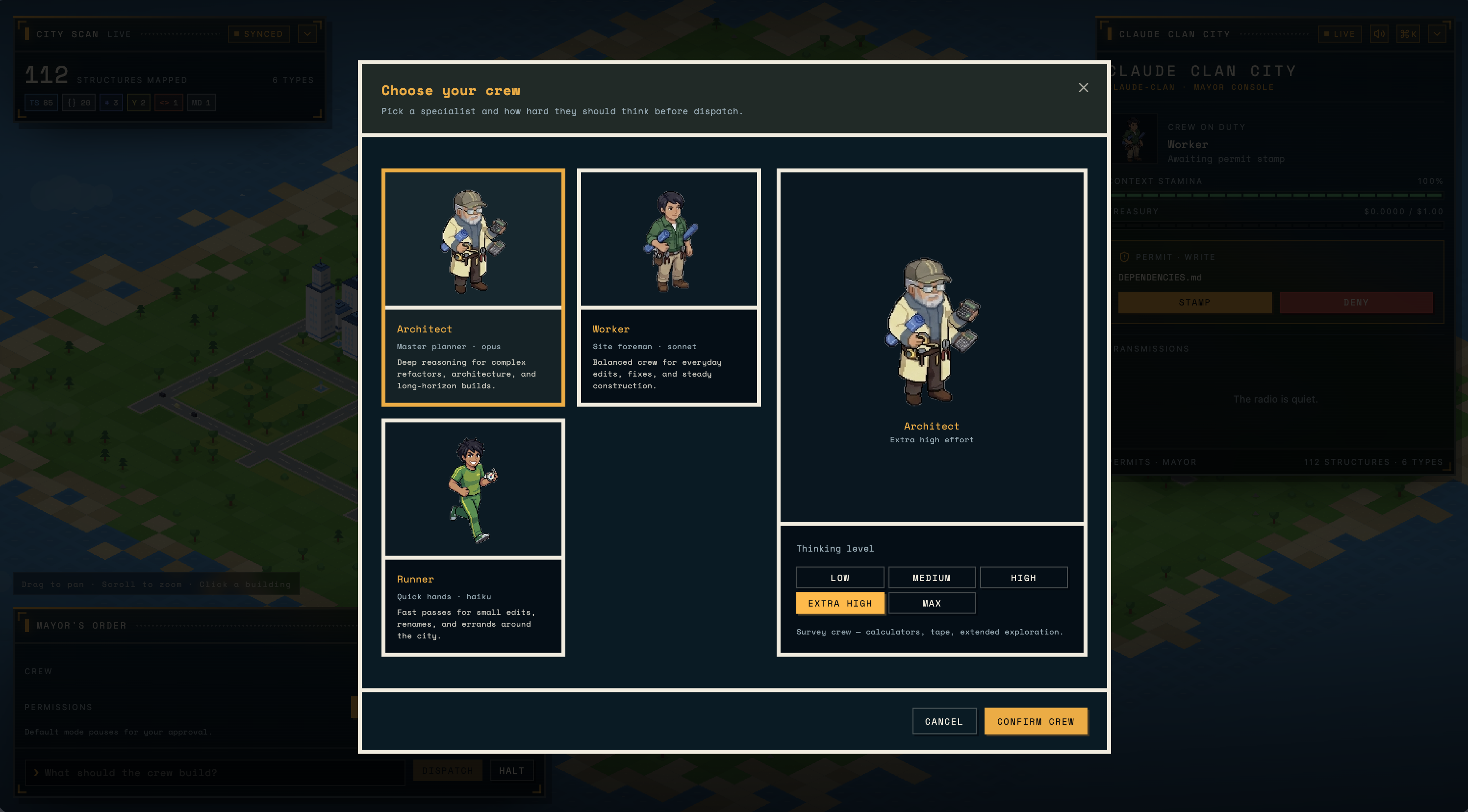The crew picker, with Architect, Worker and Runner and a thinking level selector