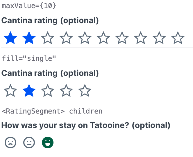 Rating: a ten-segment scale, single-segment filling, and individual RatingSegment children