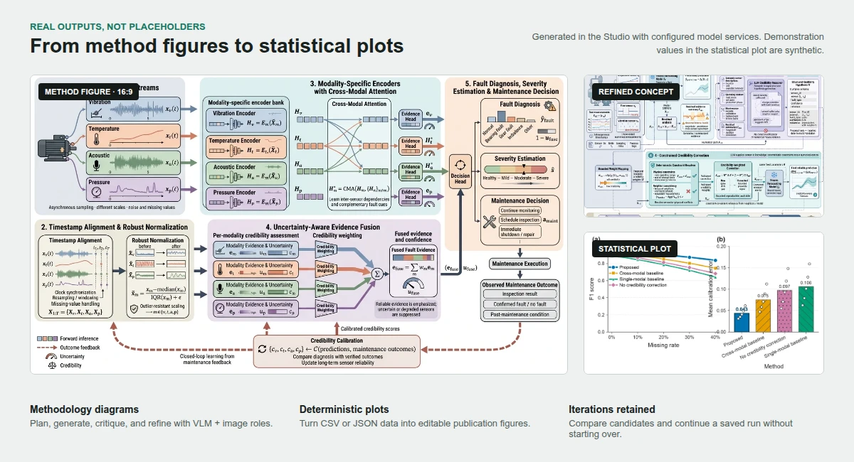 A PaperBanana-CN showcase containing a methodology diagram, a refined concept figure, and a statistical plot