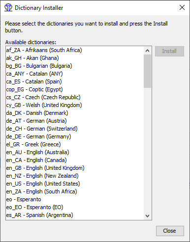 Spellchecker dictionary installer screen capture