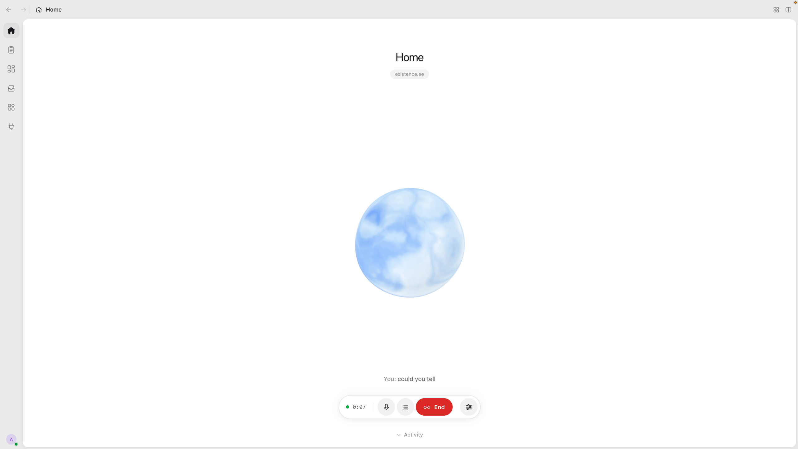 Home during a voice call, with transcript and microphone, call, and audio controls