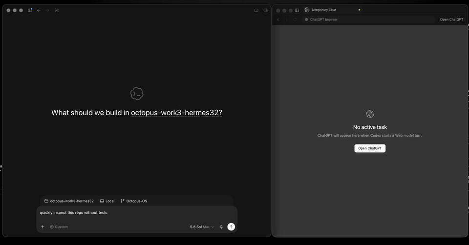 데모 GIF는 Codex 네이티브 UI 옆에 임베디드 브라우저로 실행된 ChatGPT Web을 보여주며 모델 선택과 스트리밍 응답 흐름을 시각화합니다.