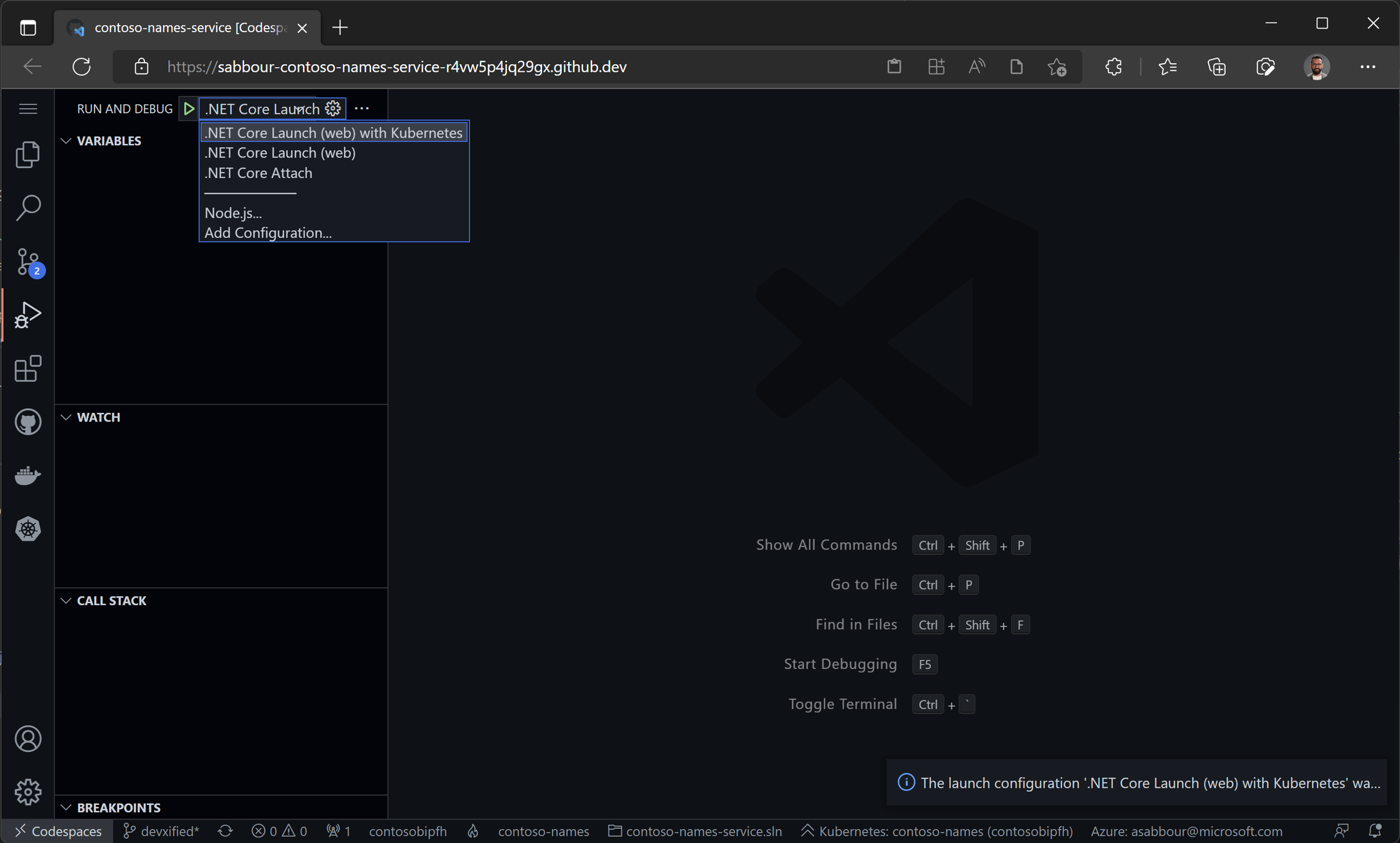 Select the Bridge to Kubernetes launch configuration