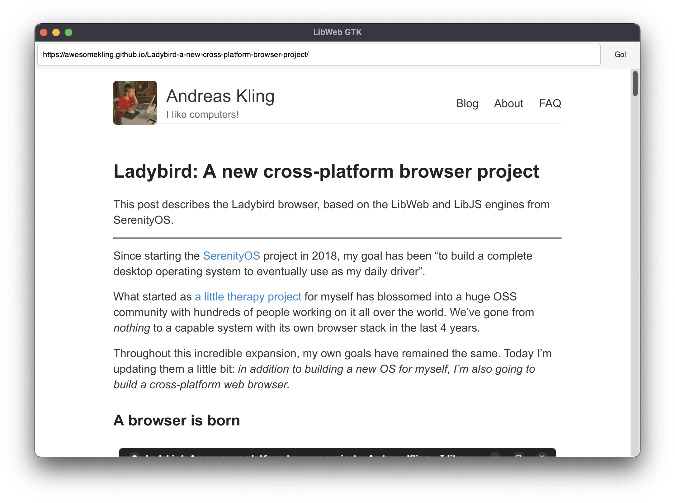 A screenshot of the LibWebGTK sample browser on the Ladybird Browser announcement blog post