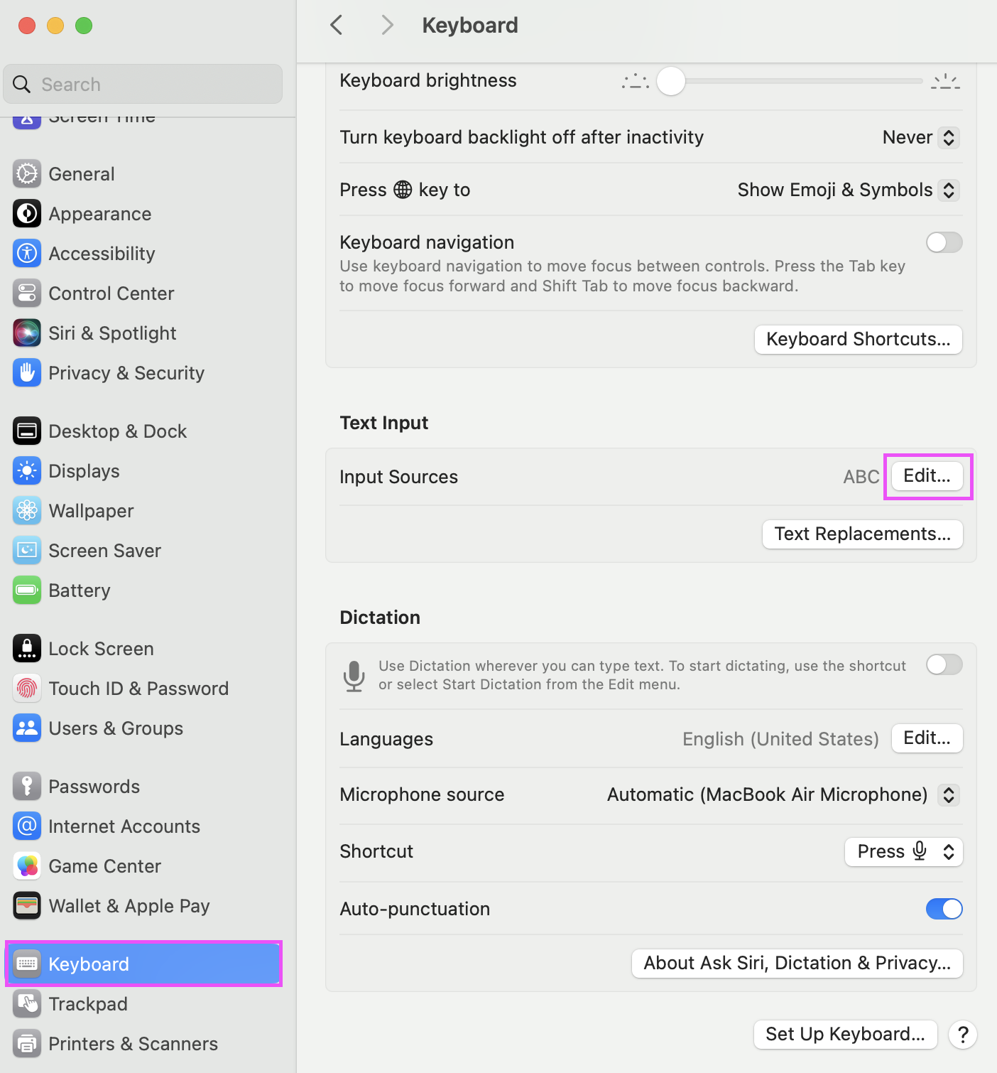 A screenshot showing the system preferences and where to find the edit button for the input sources.