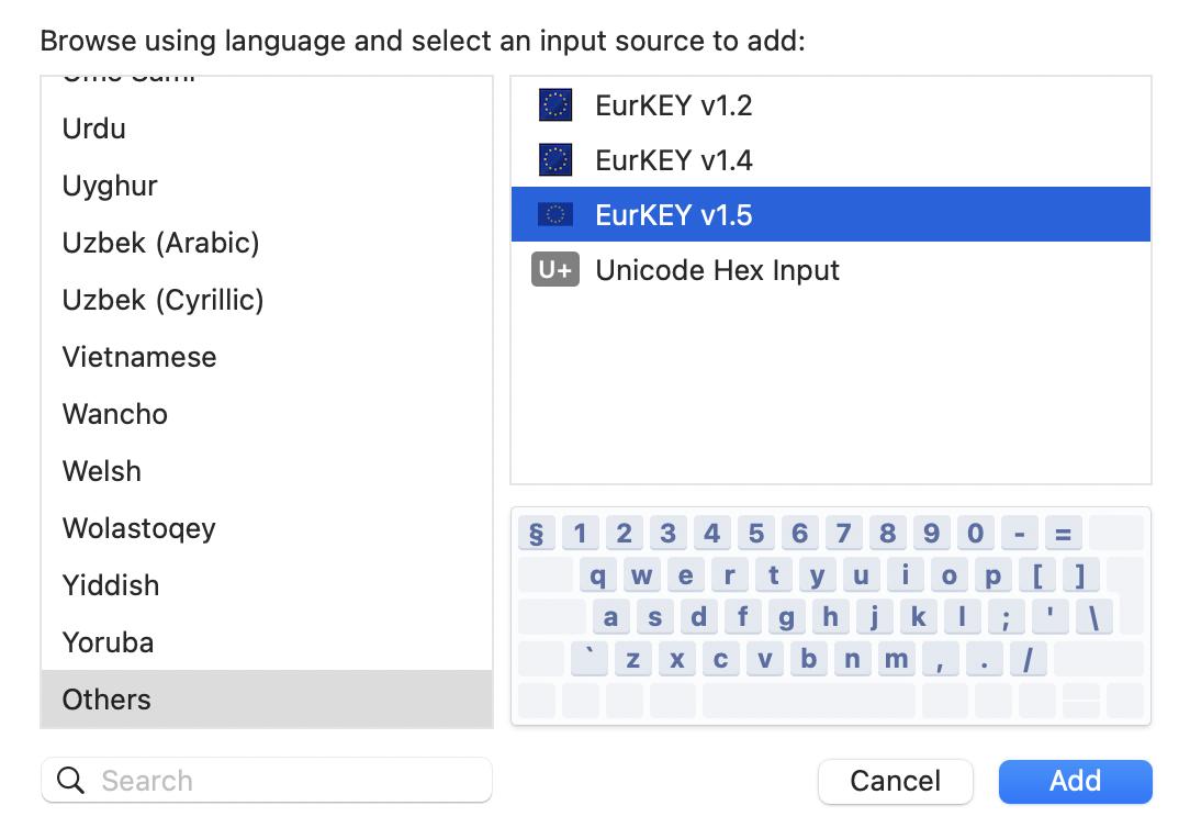 A screenshot showing where EurKEY is located in the input sources list.