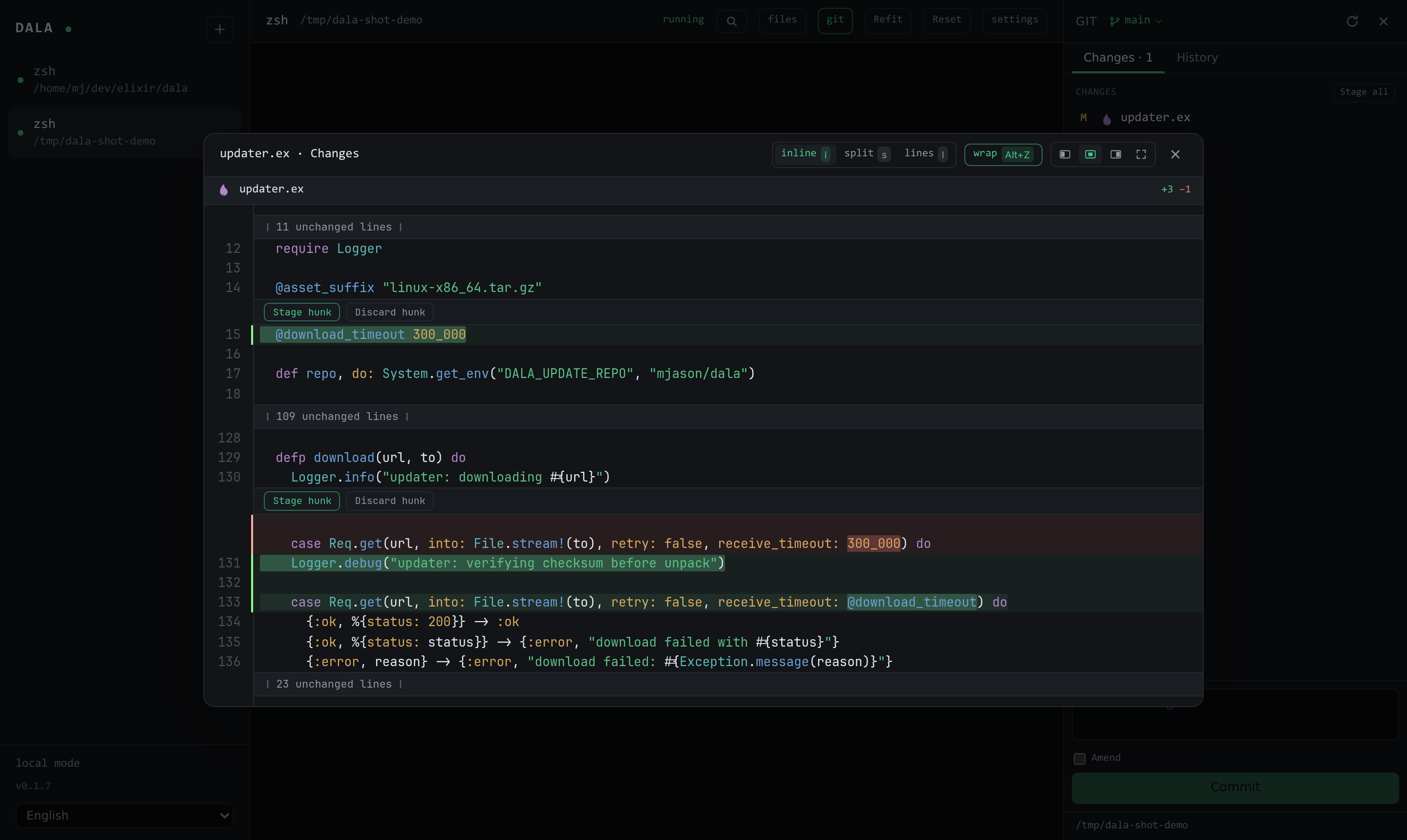 Git review with per-hunk actions