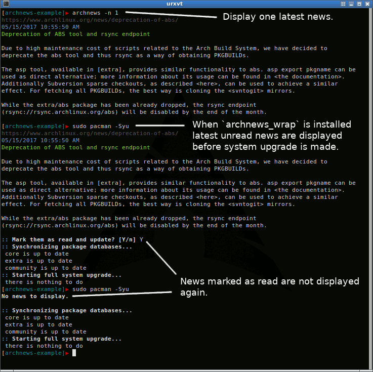 screen of archnews in terminal