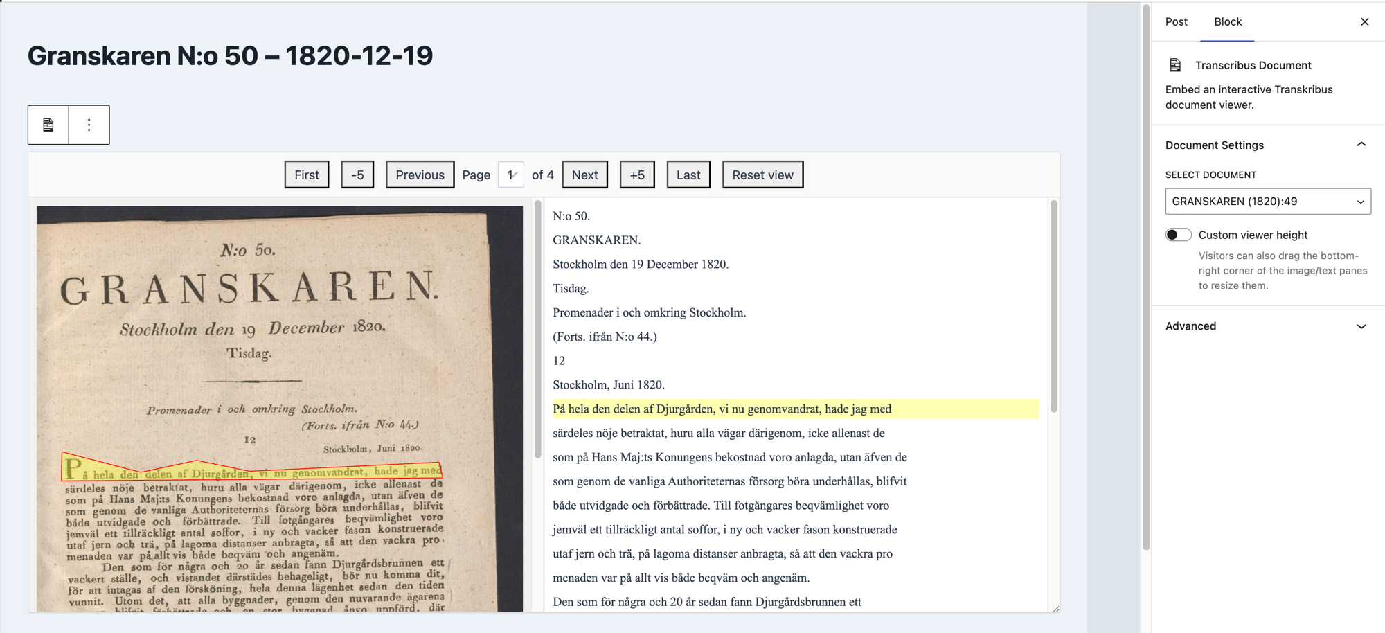 The Transcribus Document viewer, shown live in the WordPress block editor, with an interactive image/text pane side-by-side and page navigation controls